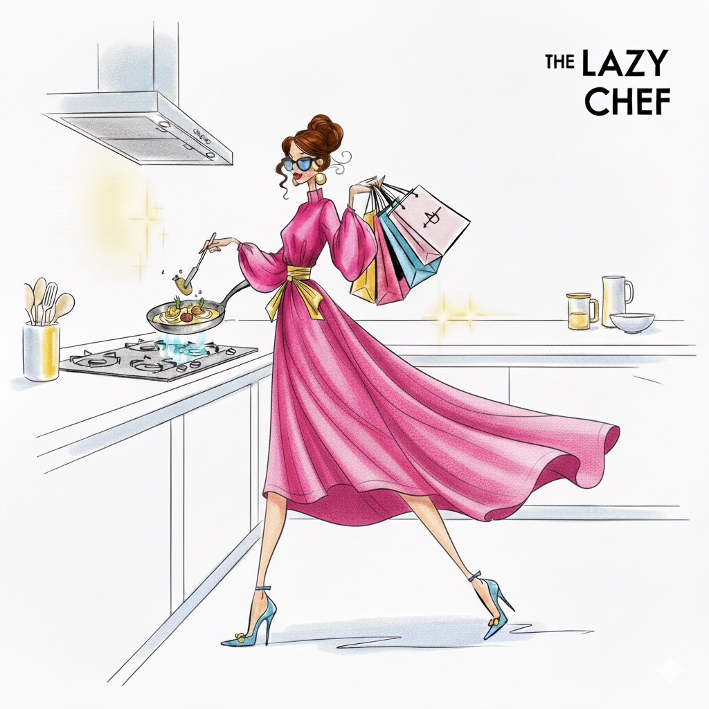 The Lazy Chef - elegant woman cooking in a flowing pink dress